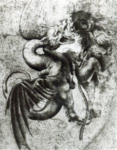 Combat entre un dragon et un lion (encre brune avec lavis sur papier)
